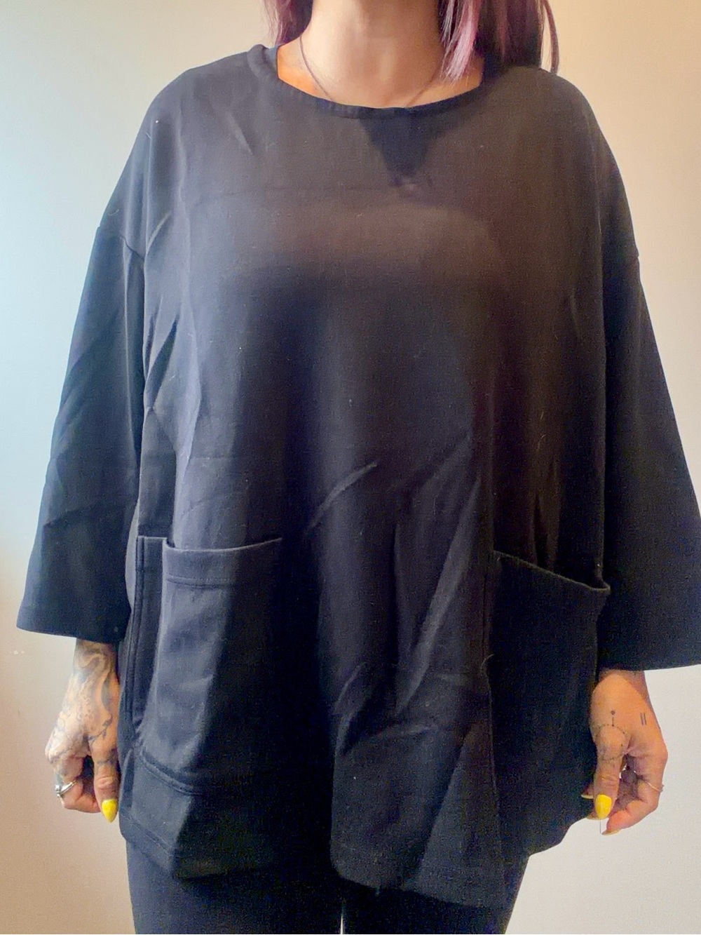 3/4 Sleeve Womens Top with Pockets Size 3X Blouse Solid Plain Black Sweater Feel